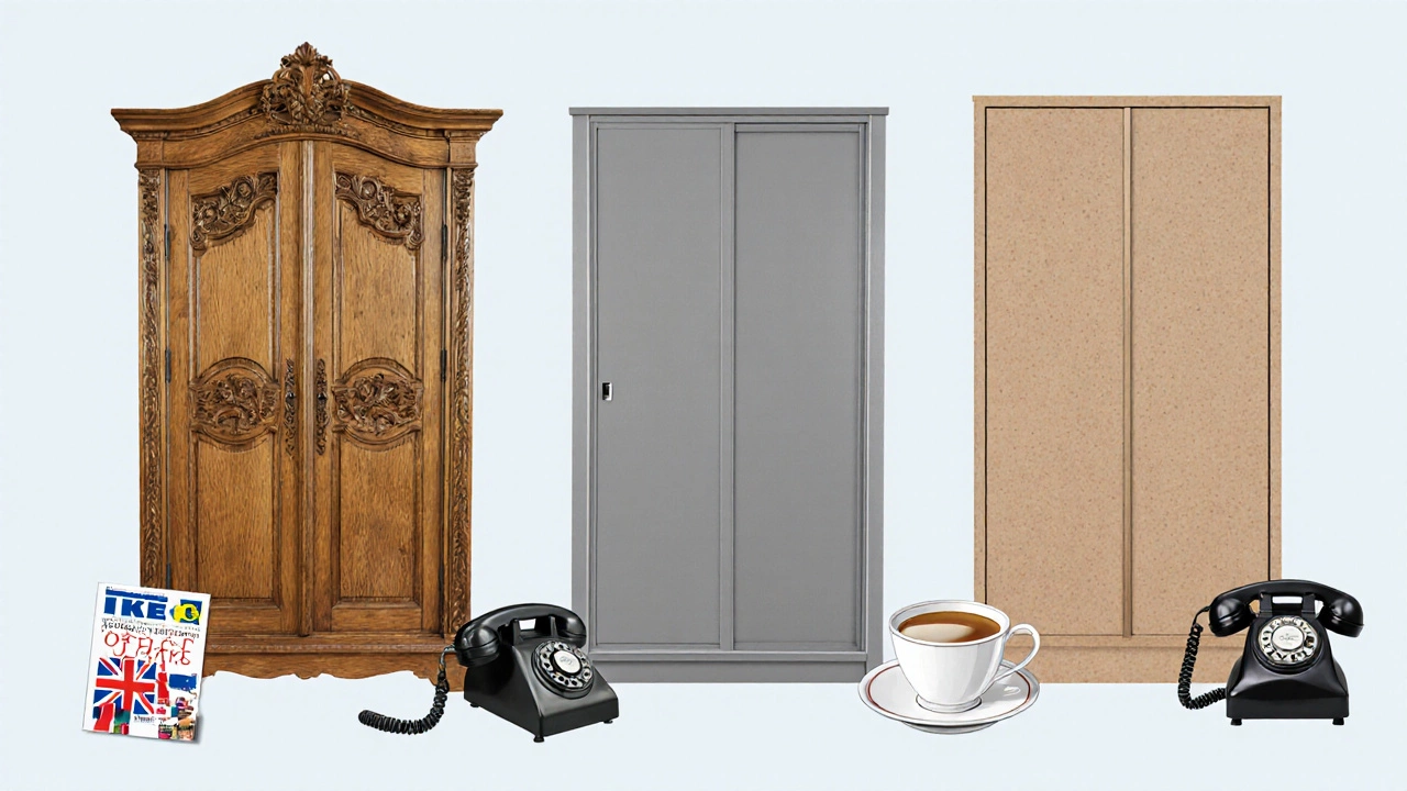 Three styles of British wardrobes side by side: traditional, modern, and freestanding, with cultural elements around them.