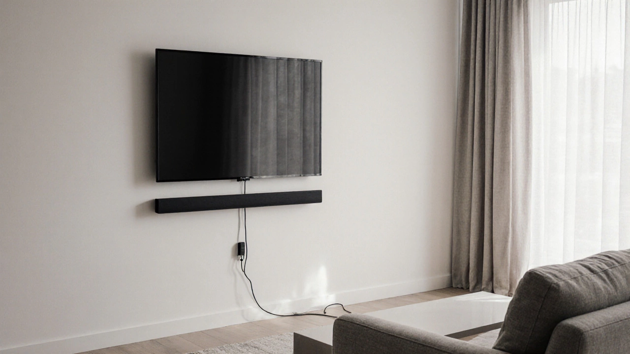 TV mounted low with soundbar underneath, clean cables, natural light, no furniture blocking view.