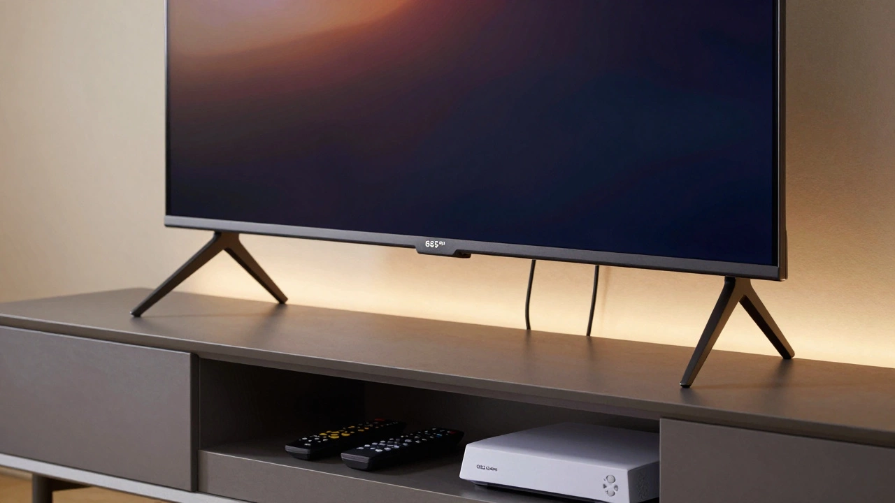 A 65-inch TV securely mounted on a wide, adjustable stand with organized cables below.
