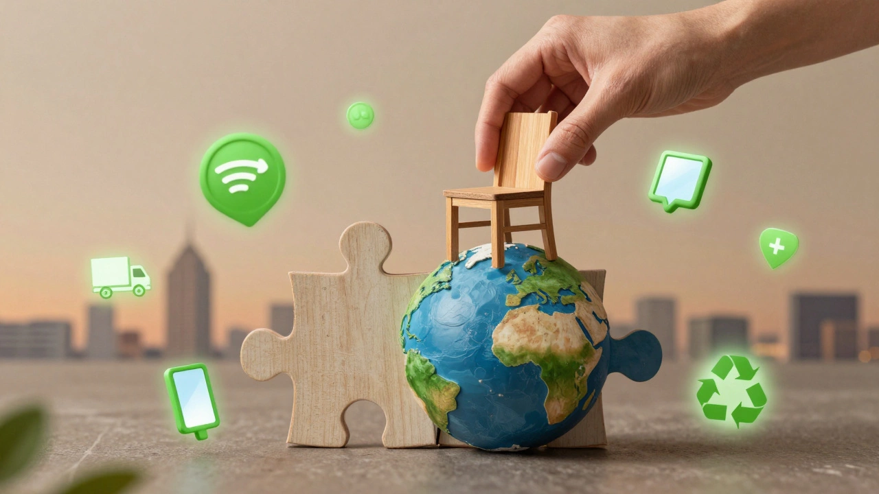 A hand placing a sustainable chair into a puzzle shaped like Earth, surrounded by tech and eco-icons.