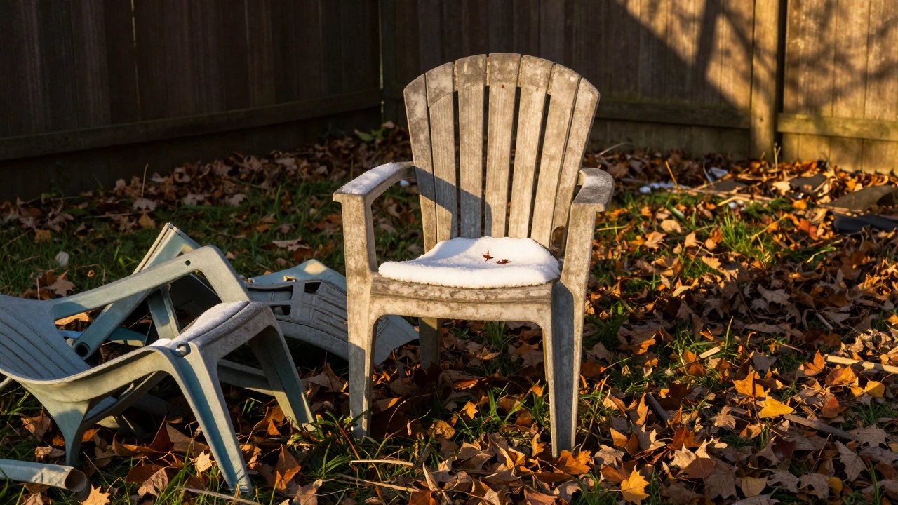 A single POLYWOOD chair enduring 20 years of seasons, untouched by wear, beside discarded cheap furniture.