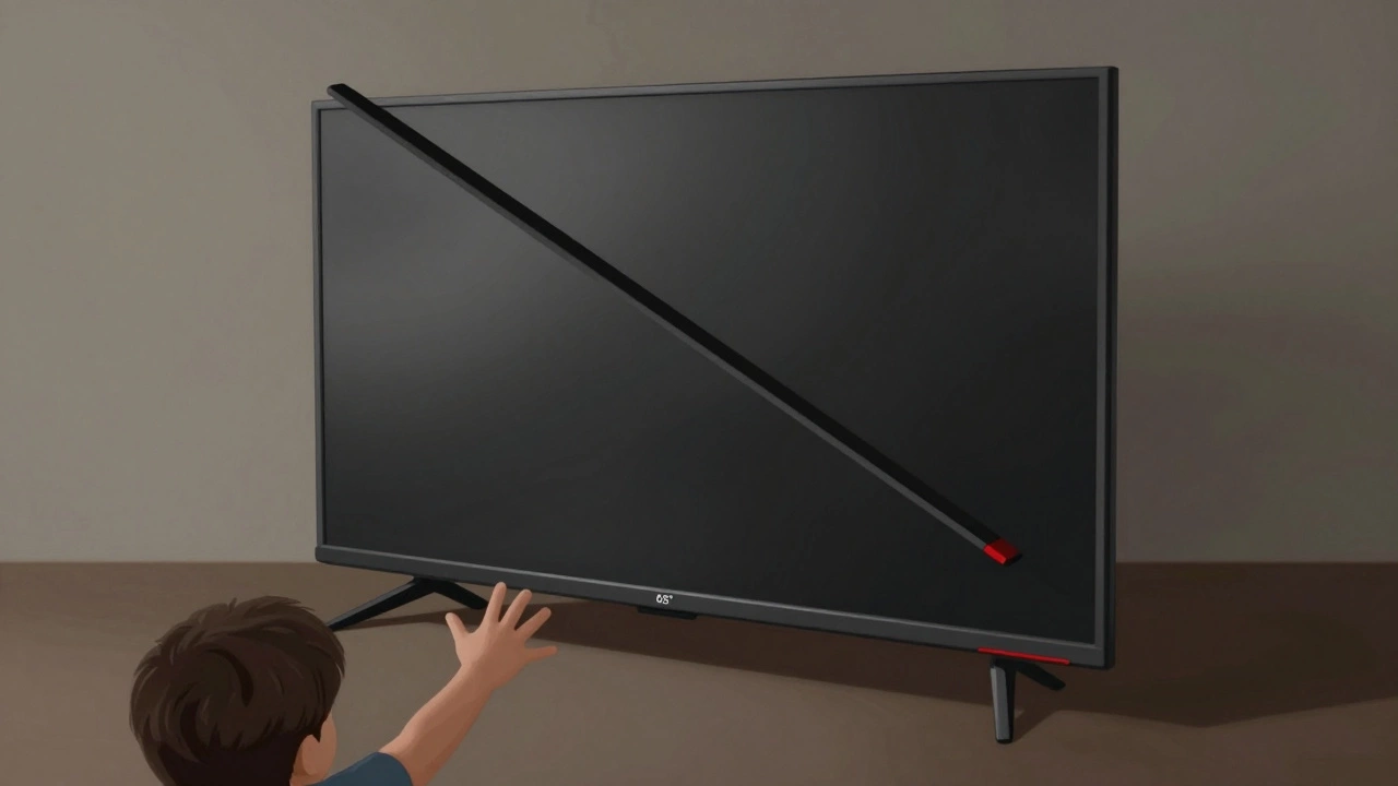 A TV leaning dangerously forward on a narrow stand, child’s hand reaching toward it.