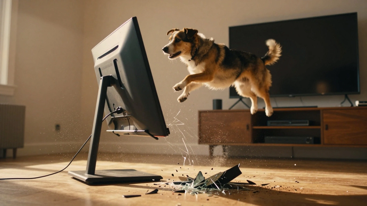 A TV mid-fall from a tall stand after being knocked by a dog, cables stretched and fragments scattering.