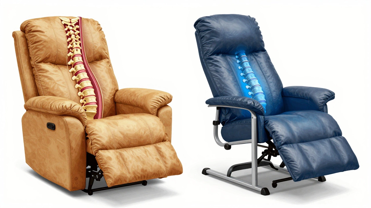 Cross-section diagram comparing healthy spine alignment in a medical recliner versus flattened spine in a basic chair.