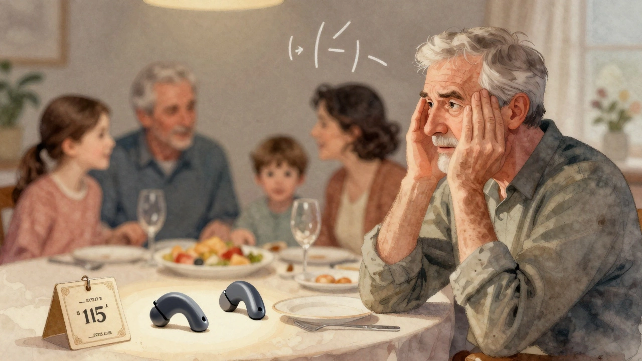 Older man at dinner with hearing aids on table, family blurred in background.