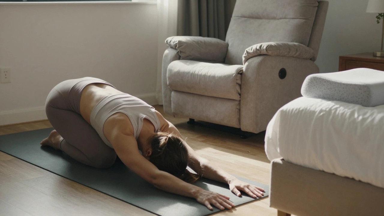 Person stretching in morning light beside a recliner and alternative sleep aids on a bed.