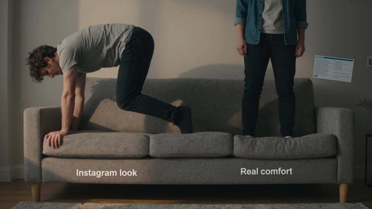 Person struggling to rise from a too-deep sofa versus standing easily from a properly sized one, with lighting contrast.