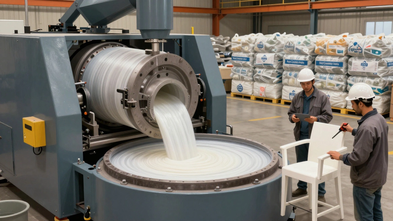 Rotational molding machine in a U.S. factory producing durable outdoor furniture from recycled HDPE.