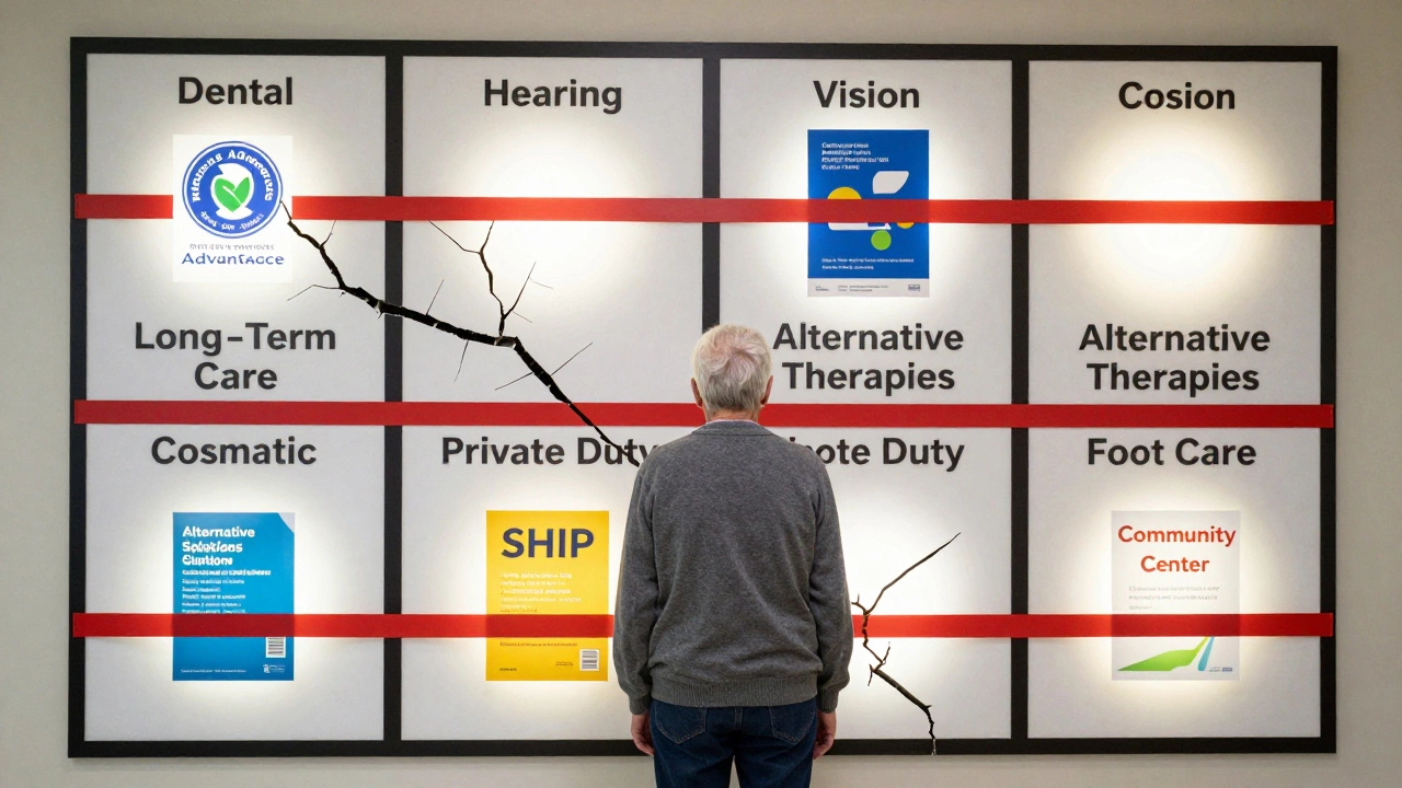 Senior facing wall with eight blocked Medicare coverage gaps and solutions glowing behind.