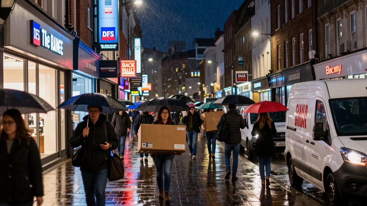 Shoppers carrying furniture boxes on a rainy Black Friday night in a UK high street.