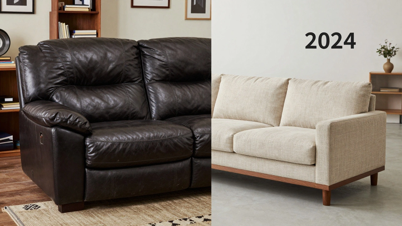 Side-by-side comparison of outdated bulky sectional and sleek modern modular sectional.