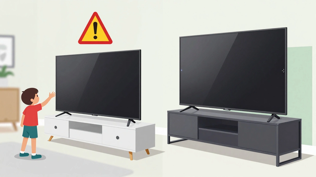Side-by-side comparison: unstable TV stand versus sturdy media console with VESA alignment indicators.