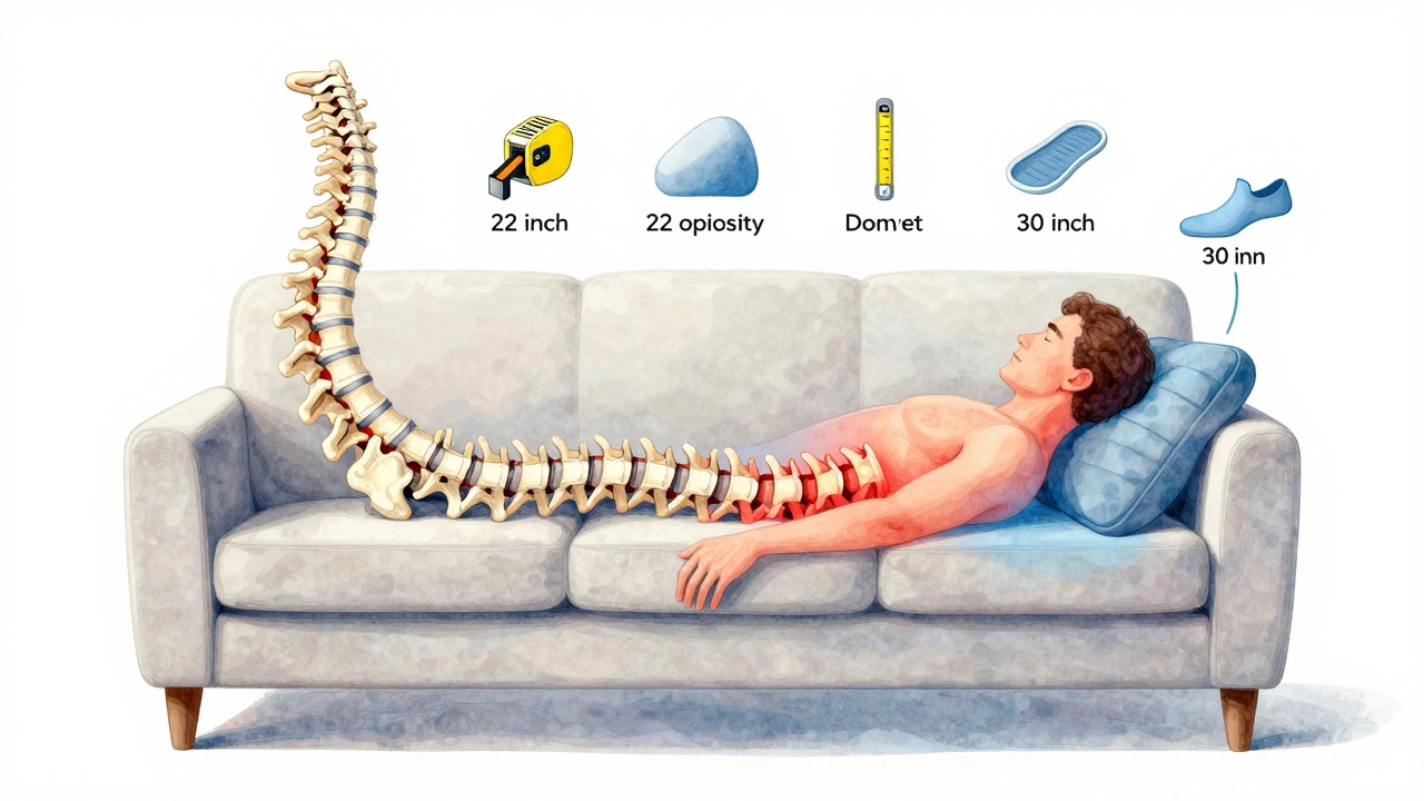 Side-view anatomical comparison of spine posture on shallow vs. deep sofas, with pressure points and ergonomic icons.
