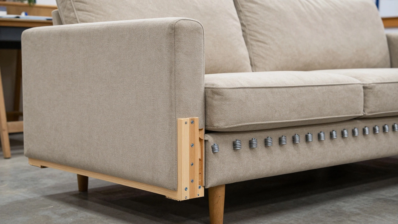 Sofa corner lifted to show reinforced hardwood joints and dust cover underneath.