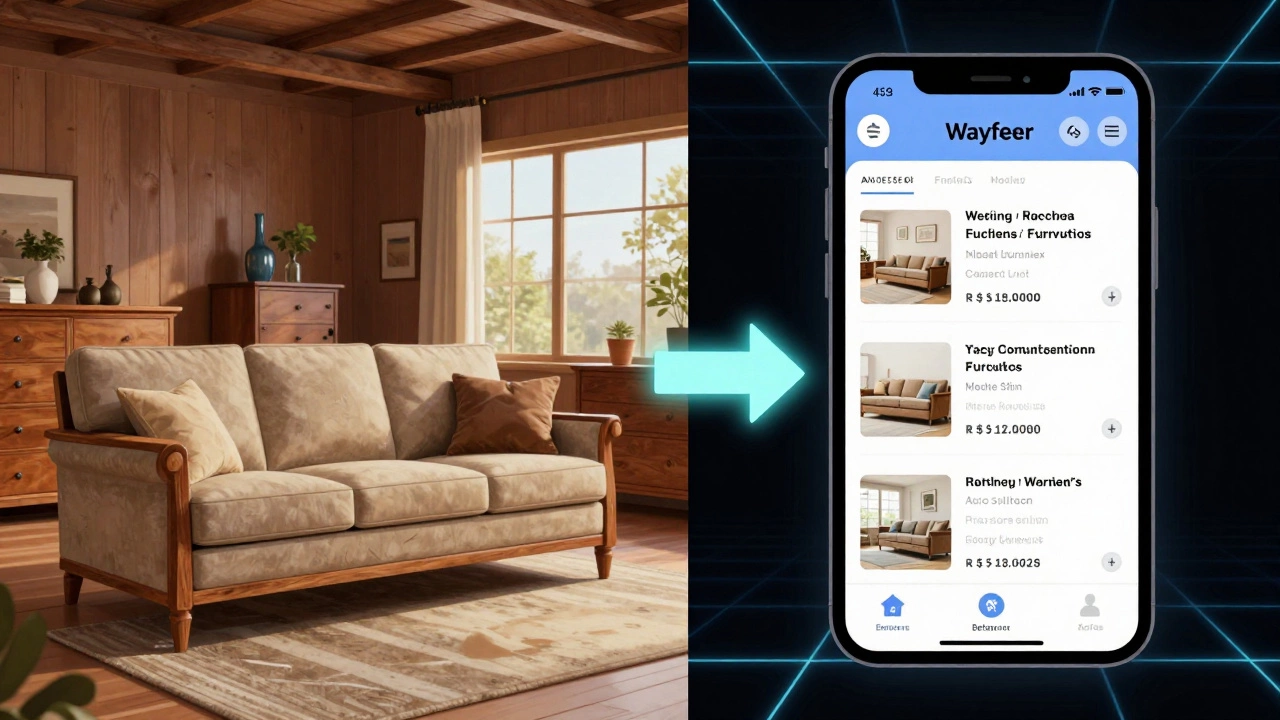 Split-screen of traditional Ashley Furniture showroom and Wayfair’s digital catalog on a smartphone.