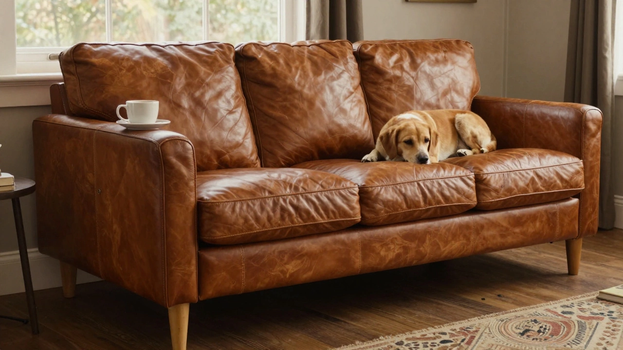 Sturdy sofa in a home setting with dog resting on it and wood legs visible.