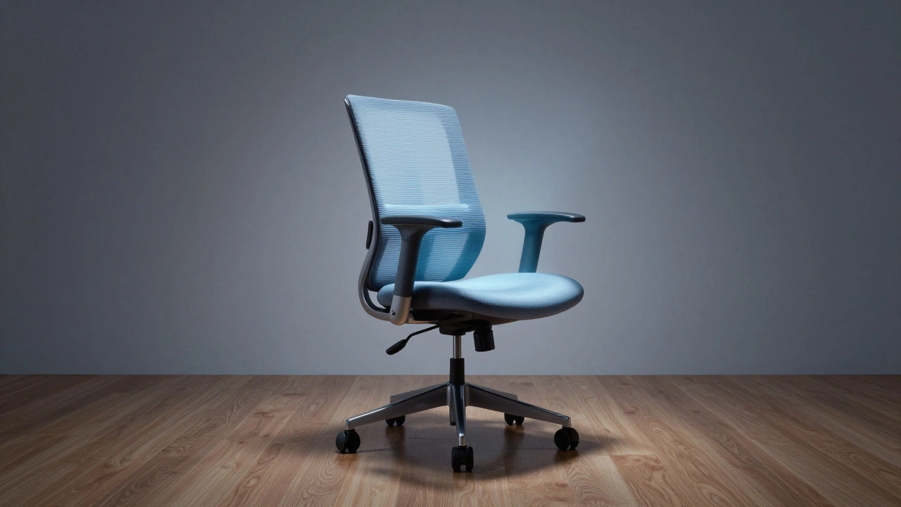 The Humanscale Freedom chair floating subtly, its mesh design glowing with cool tones, symbolizing automatic ergonomic support.