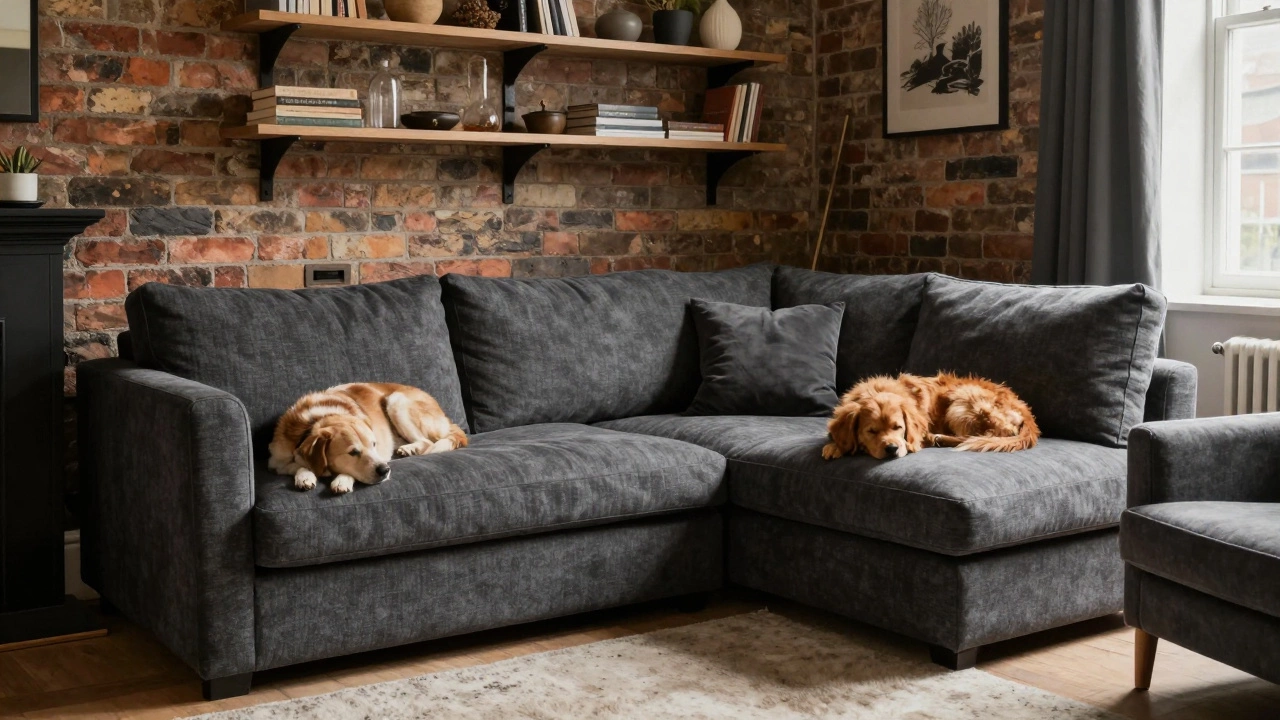 Two dogs sleeping on a modular charcoal sectional in a cozy Leeds terraced house corner.