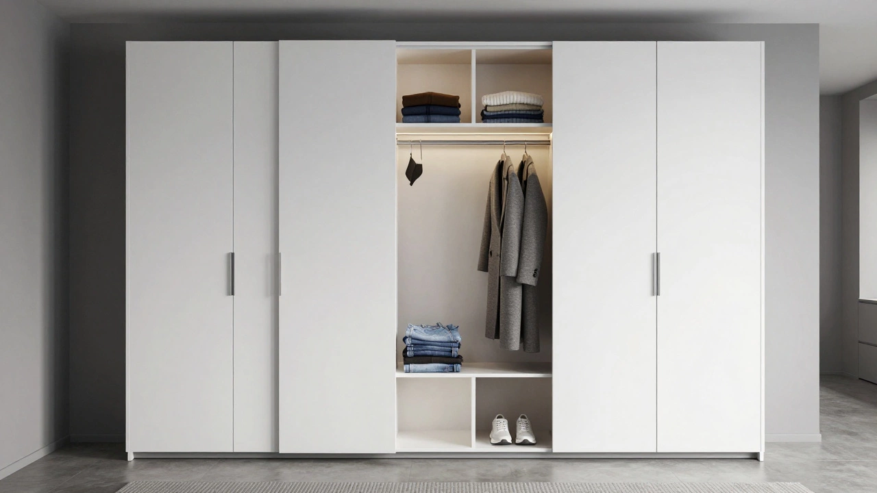 A modern white sliding-door wardrobe with LED lighting holds neatly organized clothes in a London apartment.