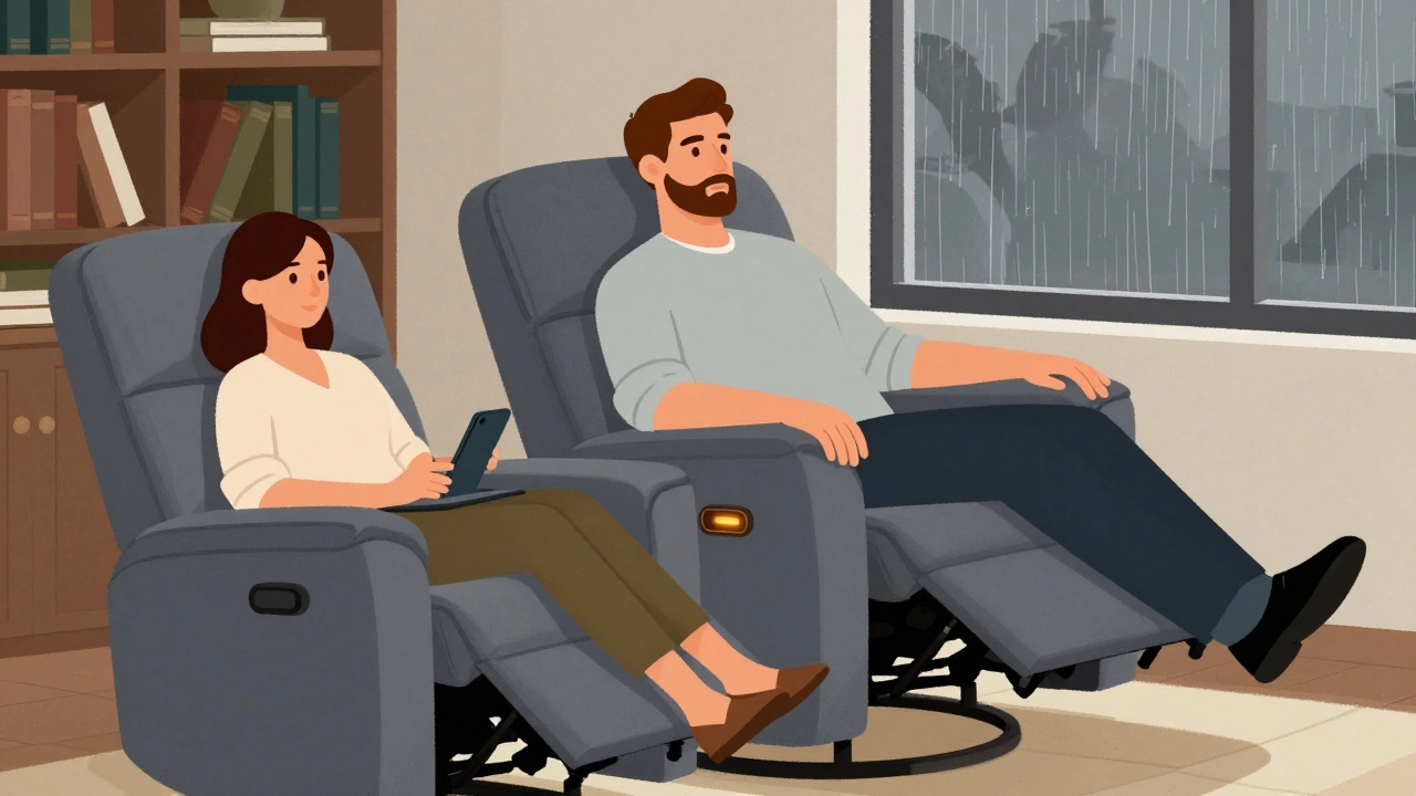 A power recliner used by a tall man and woman, with heating and charging features, in a cozy British home.