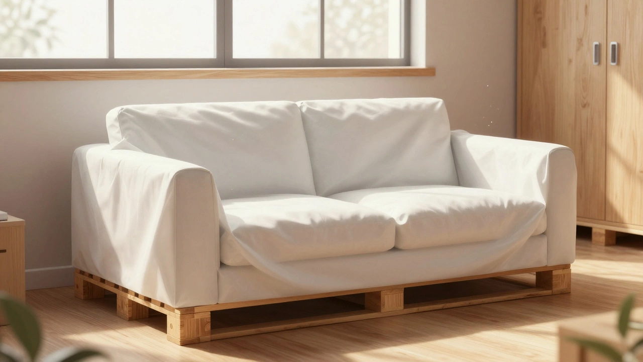 A sofa covered in breathable cotton storage fabric, elevated on wooden pallets in a dry storage unit.