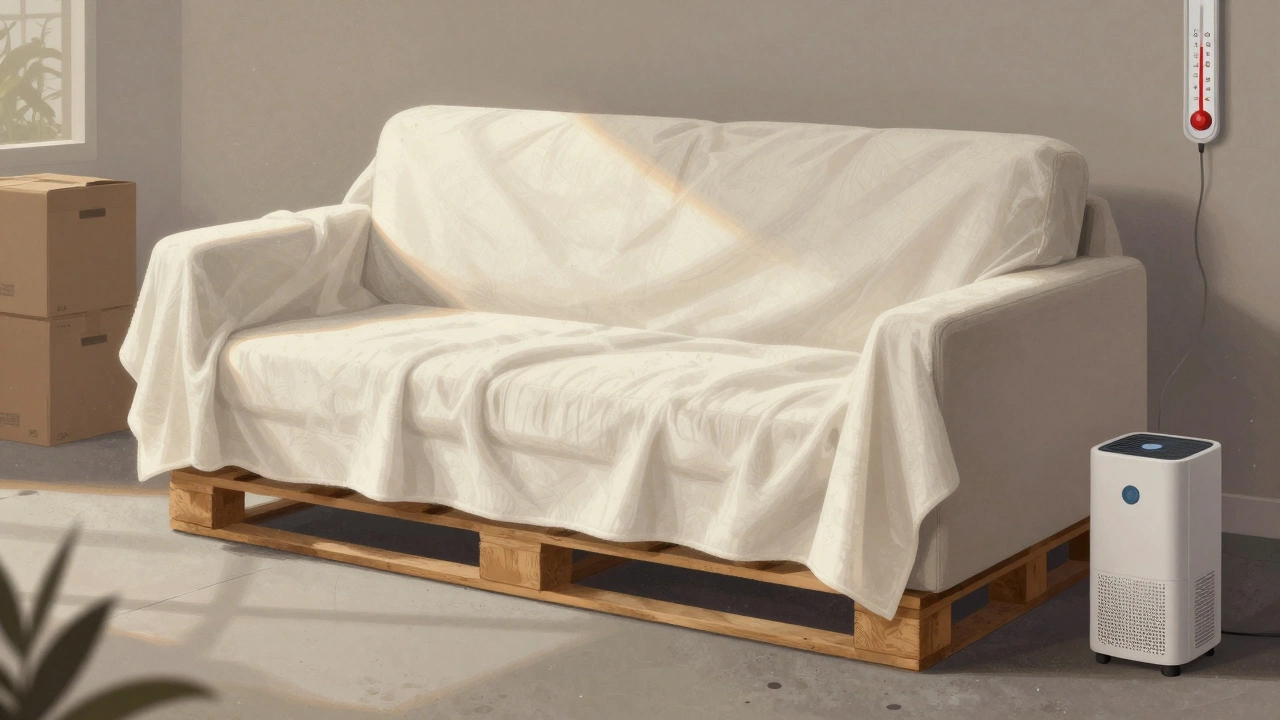 A sofa on wooden pallets covered with a cotton blanket, next to a dehumidifier in a well-ventilated storage unit.