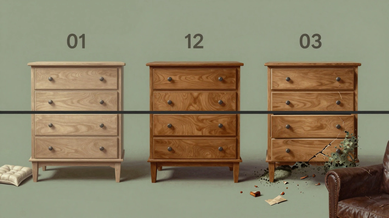 A timeline showing an oak dresser deteriorating over three years with signs of warping, mold, and damage.