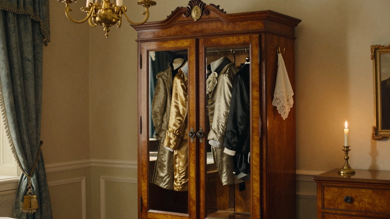An ornate 18th-century wooden wardrobe with mirrors reflects candlelight in a Georgian bedroom.