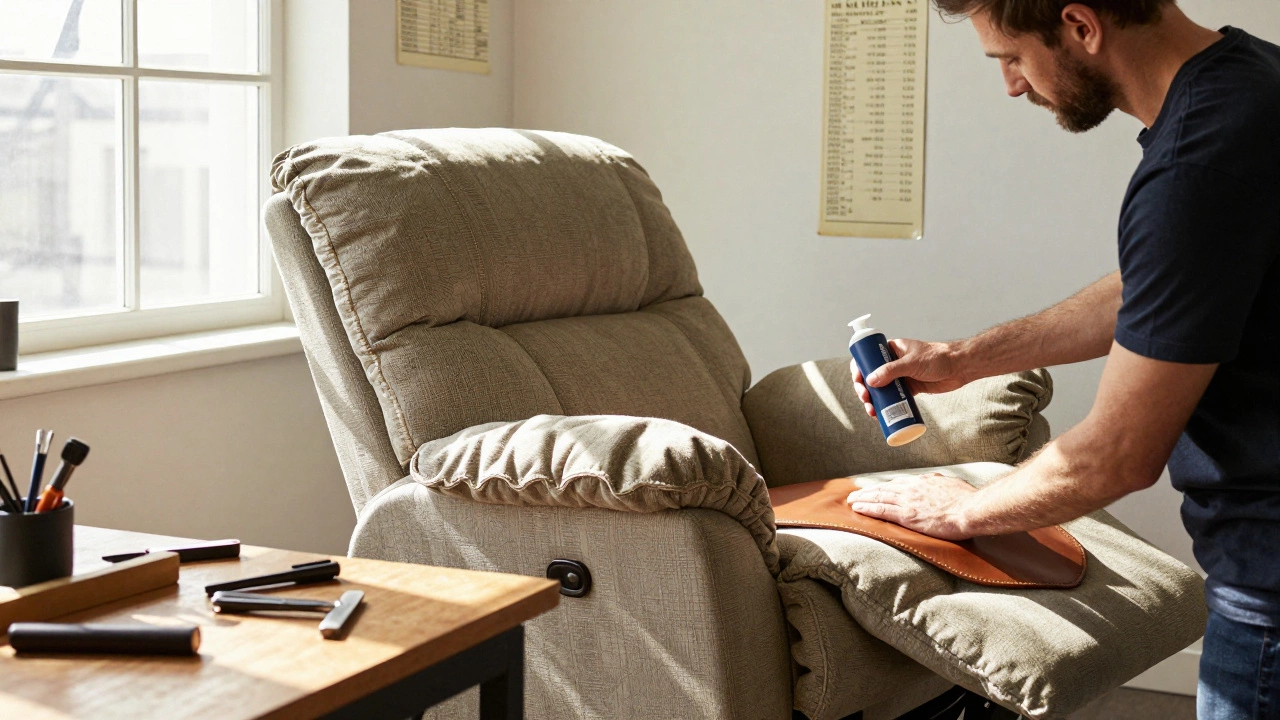 An upholsterer conditioning leather on a Lazy Boy recliner in a workshop, with replacement cushions nearby.