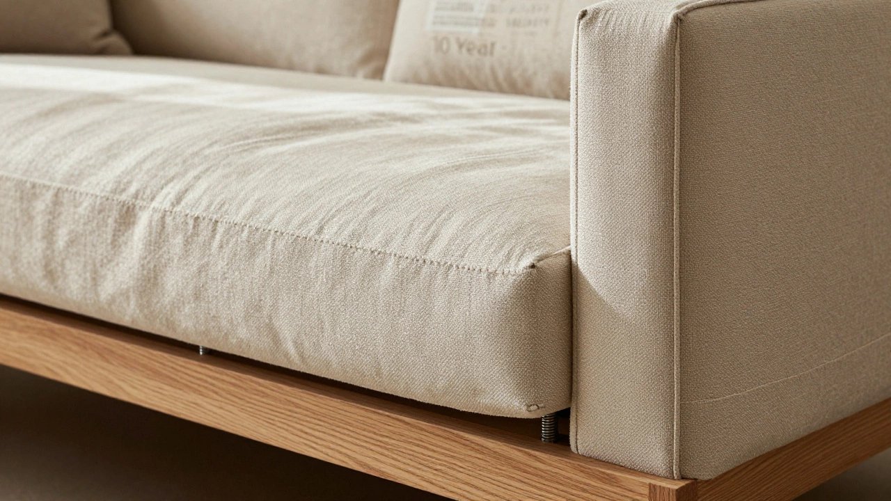 Close-up of a high-quality sofa cushion with down-wrapped foam and linen fabric, showing craftsmanship and texture.