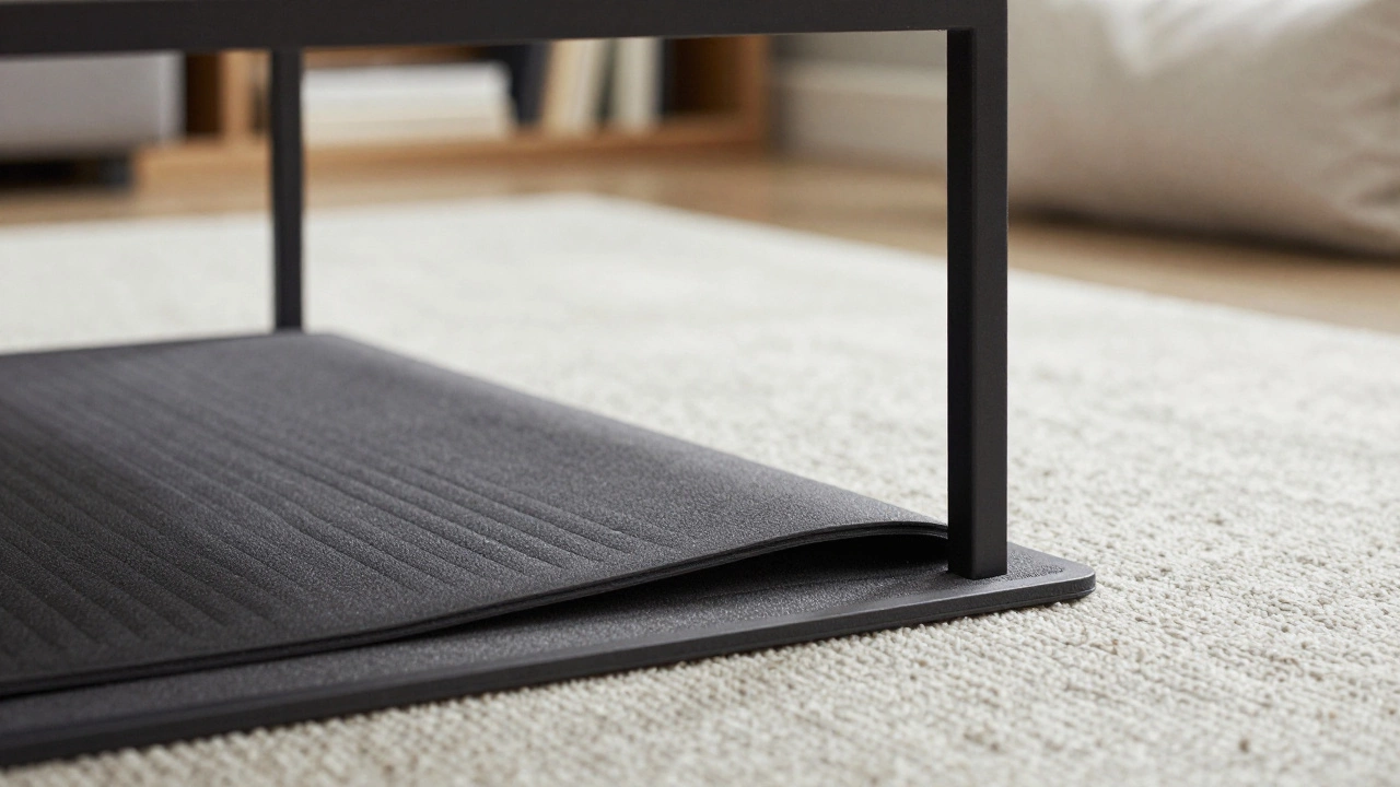 Close-up of coffee table legs with rubber pads on a rug and non-slip pad, emphasizing practical floor protection and design.