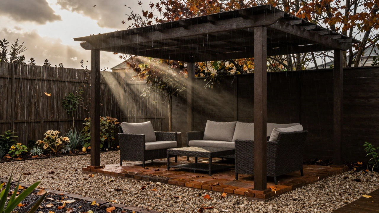 Garden furniture under a pergola canopy, with raised legs and gravel ground for drainage.