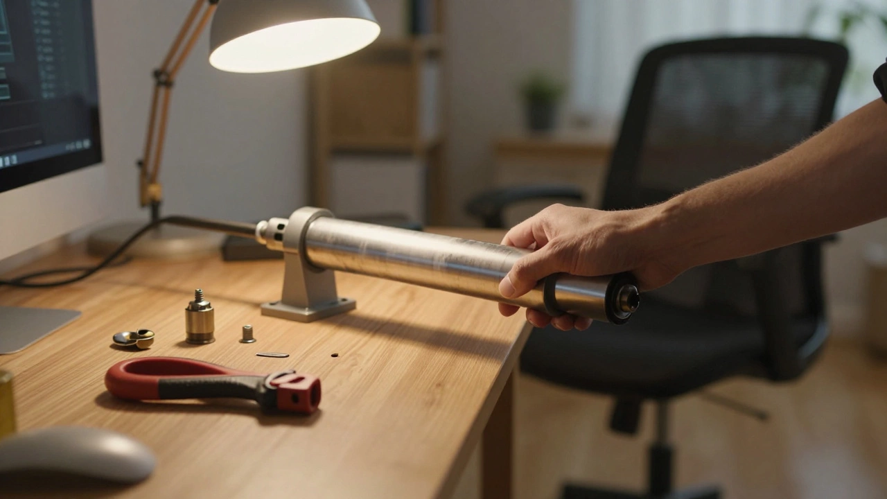 Hand replacing a gas lift cylinder in an Ikea office chair on a wooden workbench.