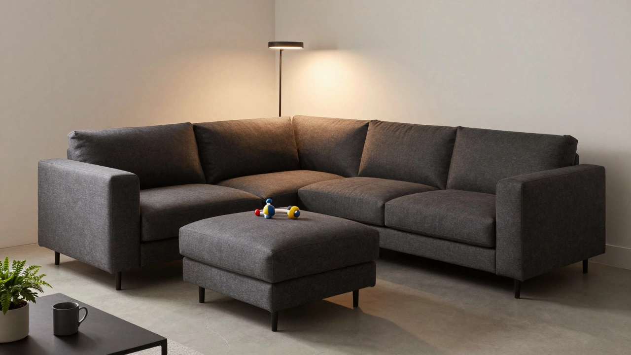 Modular corner sofa in charcoal fabric arranged flexibly in a minimalist living room with a child’s toy on the ottoman.