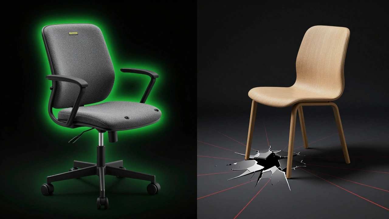 Split image comparing a safe Ikea VARDE chair with a failing HEMNES chair under stress.