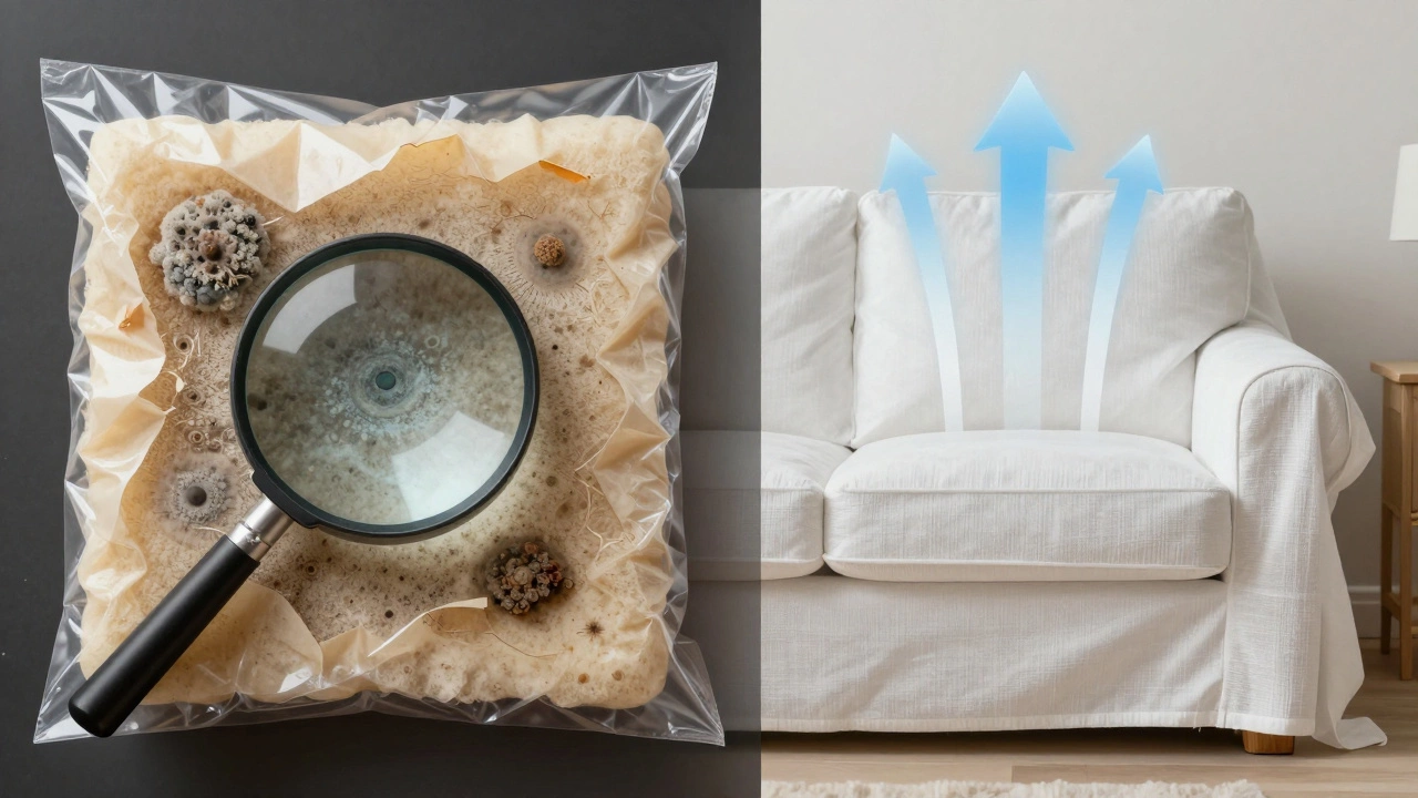 Split image showing mold damage from plastic wrap versus healthy airflow with breathable cover.