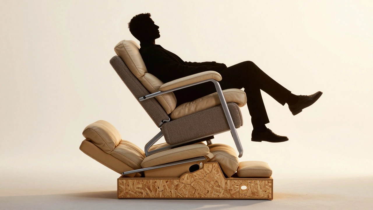 Three recliners stacked by price, showing structural differences, with one supporting a person while others collapse.