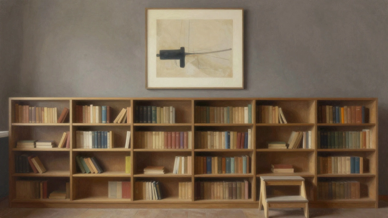 Wall with lower bookshelves and upper decorative charcoal panel featuring a large abstract print.