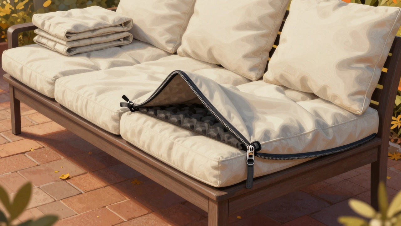 Water-resistant cushion covers being stored in a bench, showing zipper and foam details.