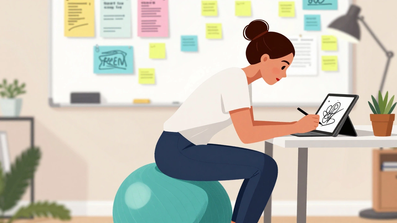 A designer seated on a balance ball chair, sketching with energy and focus in a vibrant home office.