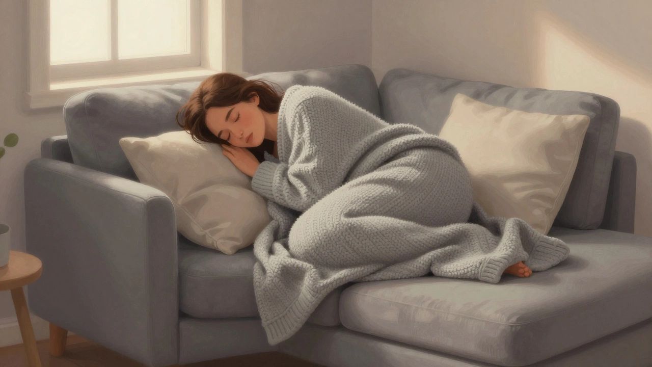 A person curled up peacefully on a cuddle sofa with chaise, wrapped in a blanket under moonlight.