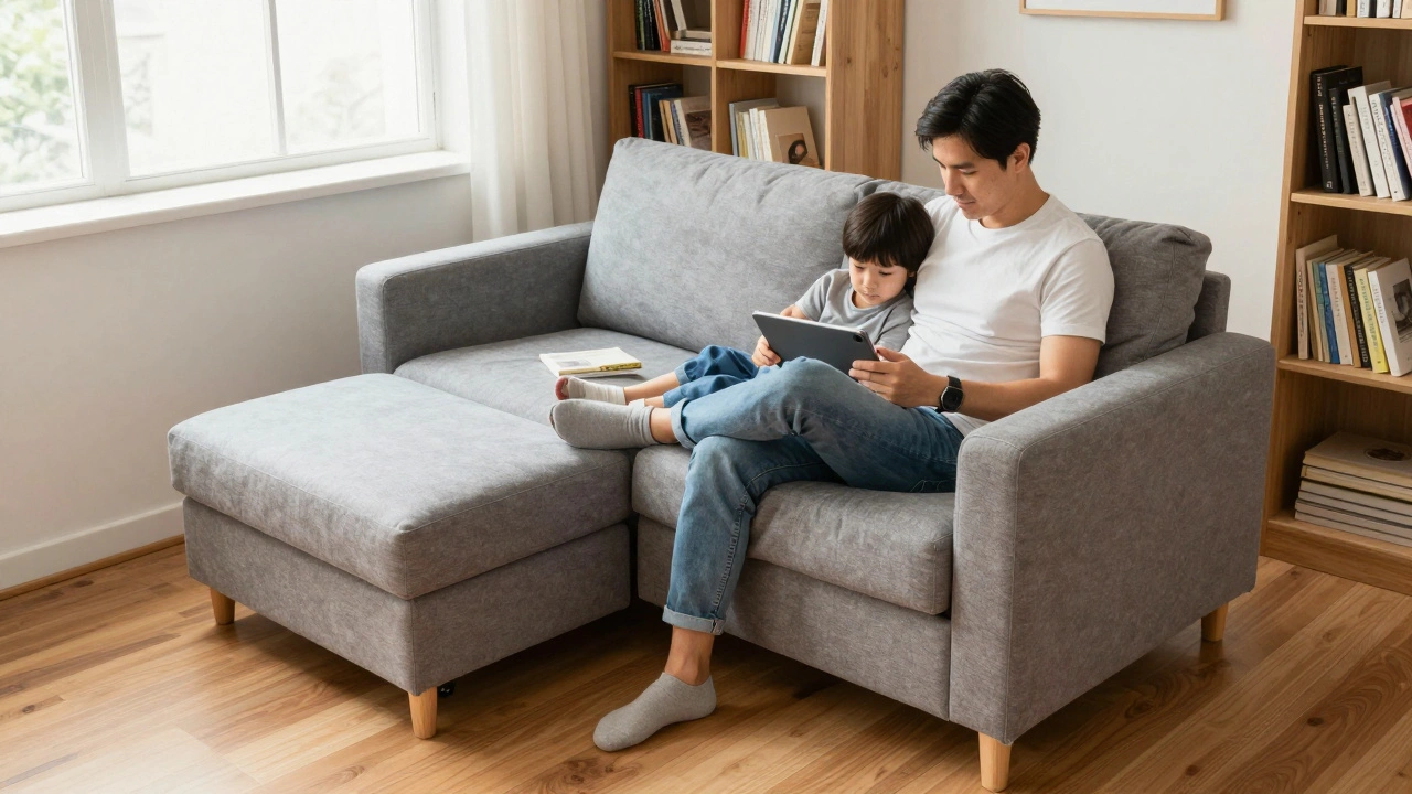 A small apartment corner with a cuddle sofa and ottoman, parent and child cozying up together.