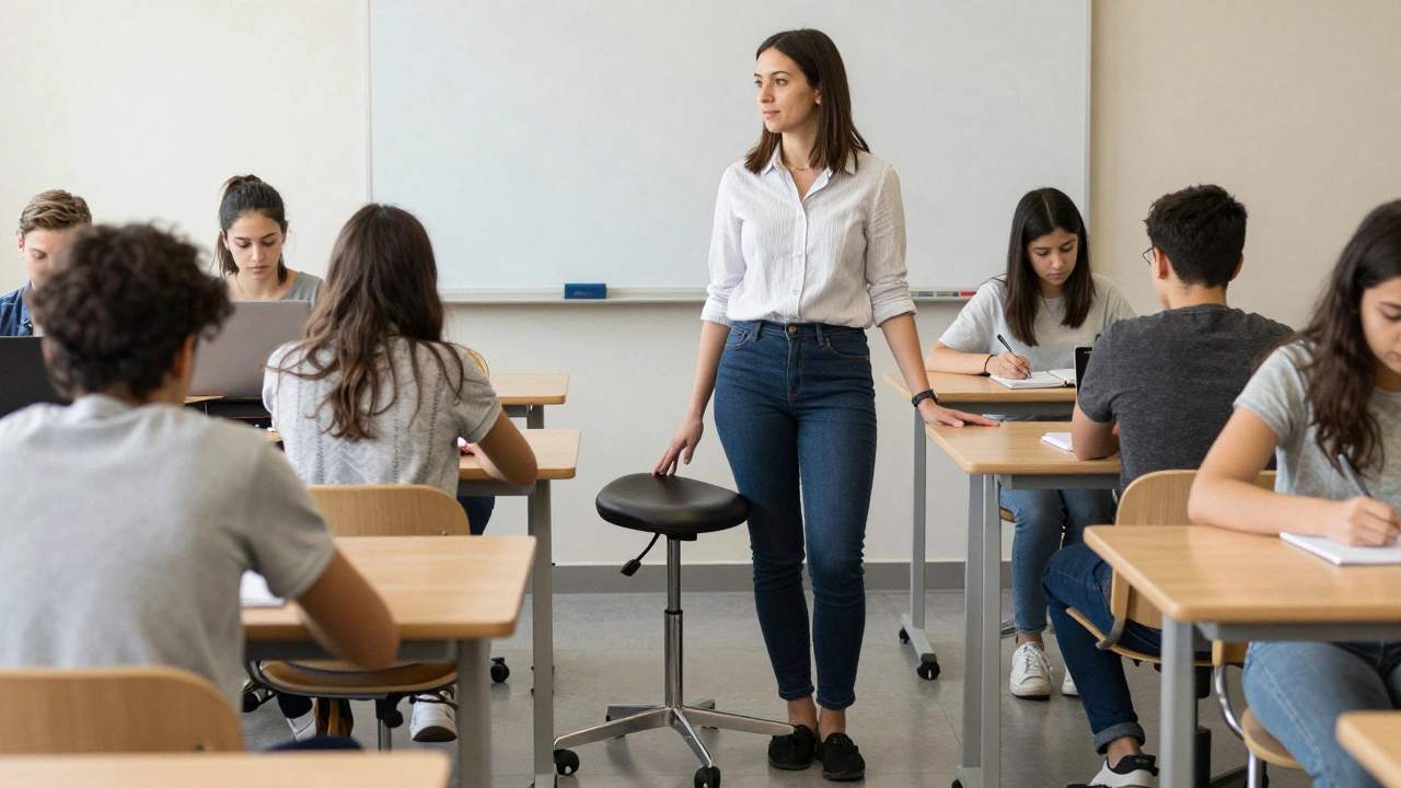 A teacher beside a dynamic sitting stool in a quiet classroom, promoting movement-friendly productivity.