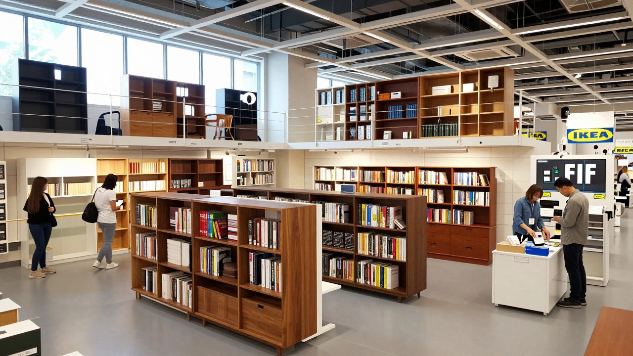 Aisle filled with over 150 different bookcase styles in the Des Plaines IKEA showroom.