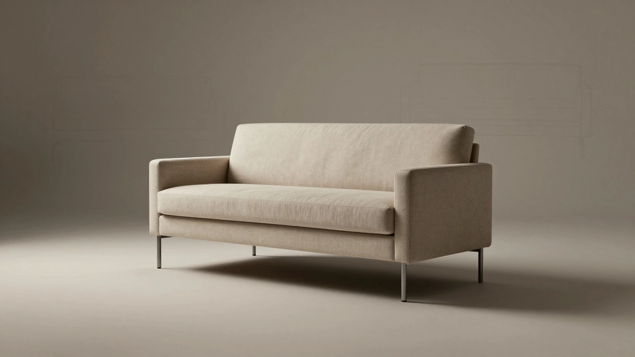 Floyd sofa floating with removable cover revealing steel frame, surrounded by dissolving competitor designs.