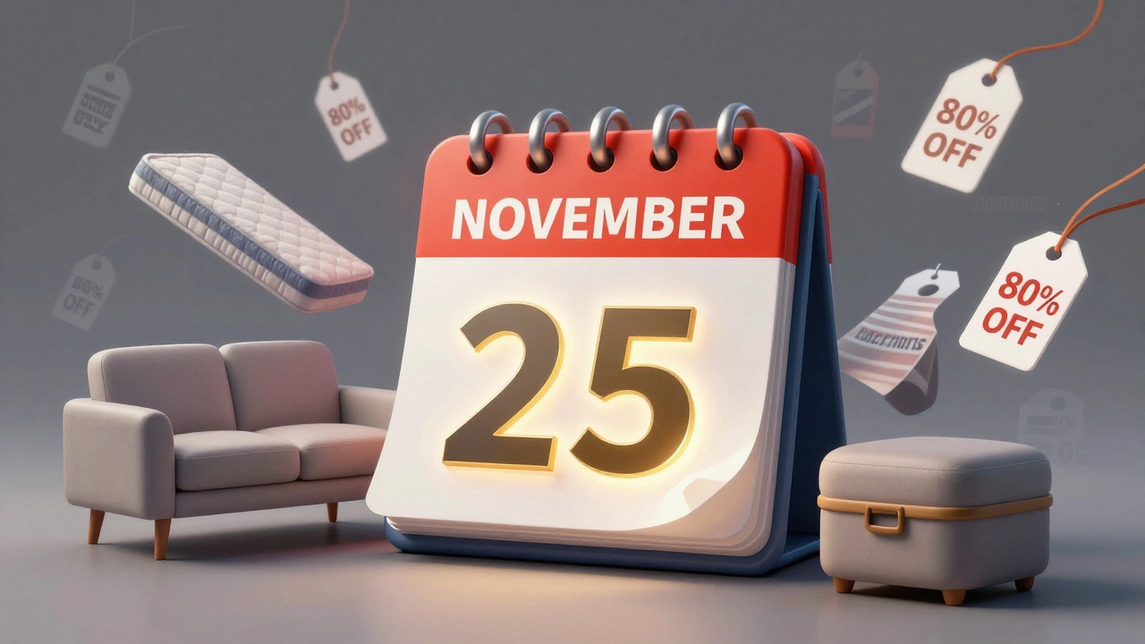 Giant November calendar with Black Friday shining brightly, surrounded by discounted furniture while other holidays fade into the background.