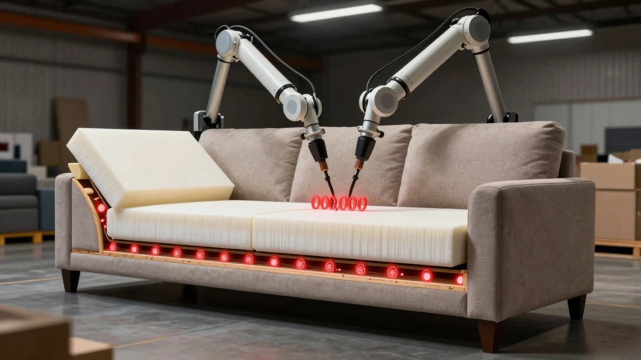 Mechanical arm testing an Ashley Furniture sofa with exposed frame and high-density foam under intense lighting.