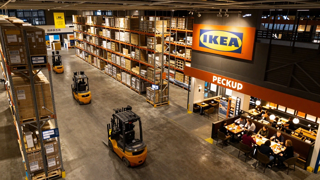 Nighttime view of IKEA Des Plaines warehouse with forklifts and pickup zone lit up.