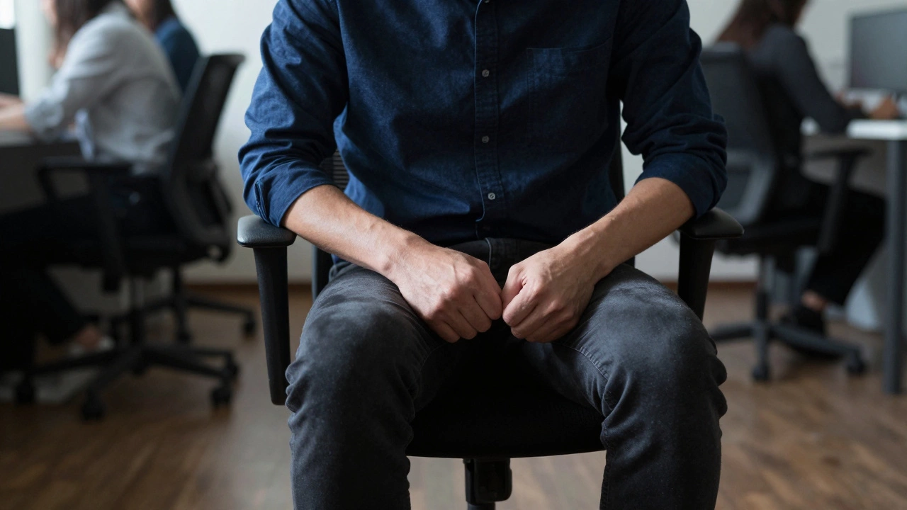 Person in traditional chair with tense posture struggling to focus.