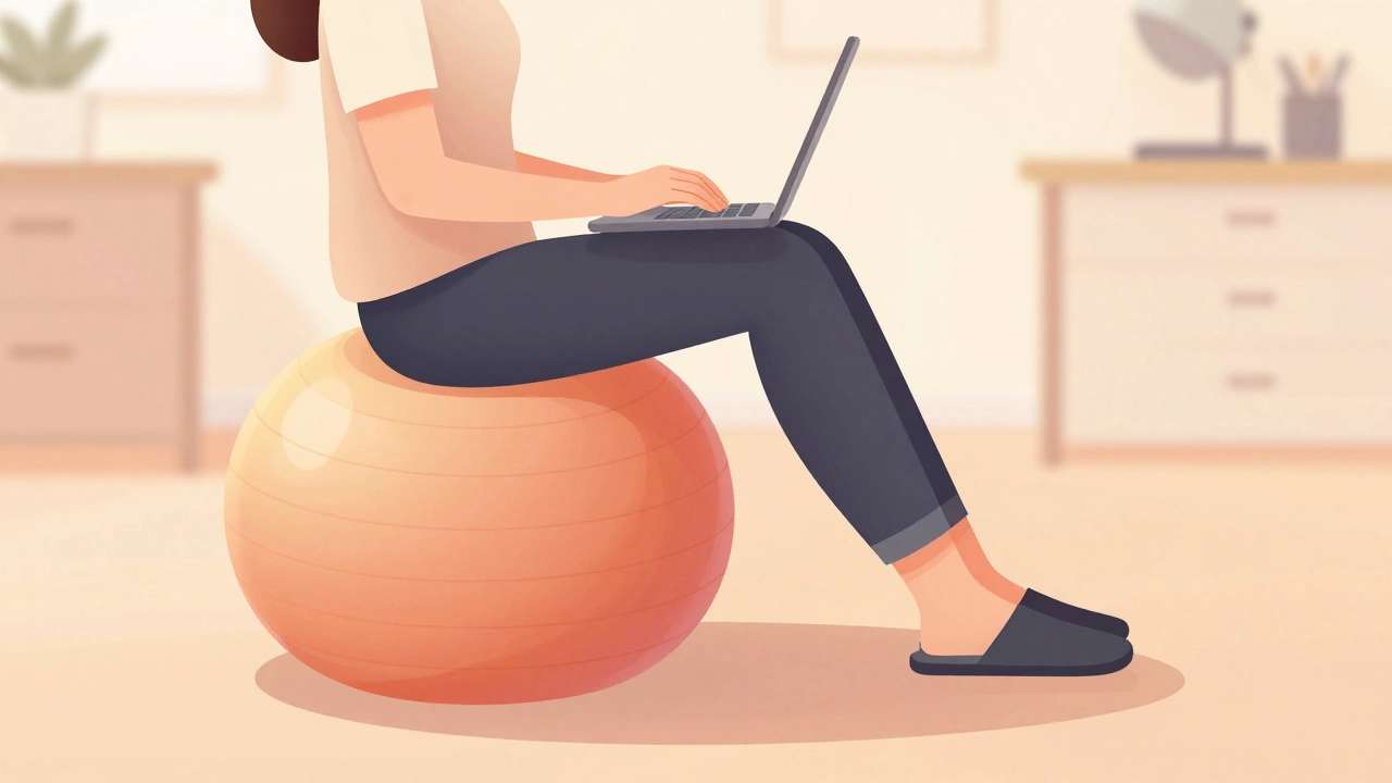 Person on stability ball chair moving legs comfortably while working.